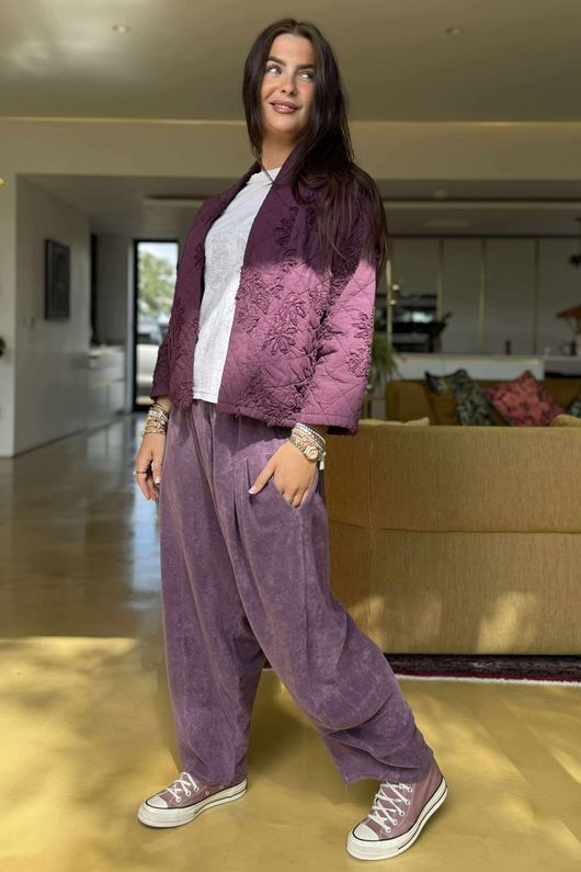 Cabbage Rose Cotton Quilted Jacket Aubergine